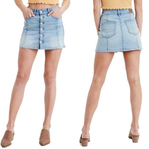 American Eagle Denim Skirt Sz 4 Light Wash High Waisted Button-front A-line - Picture 3 of 7